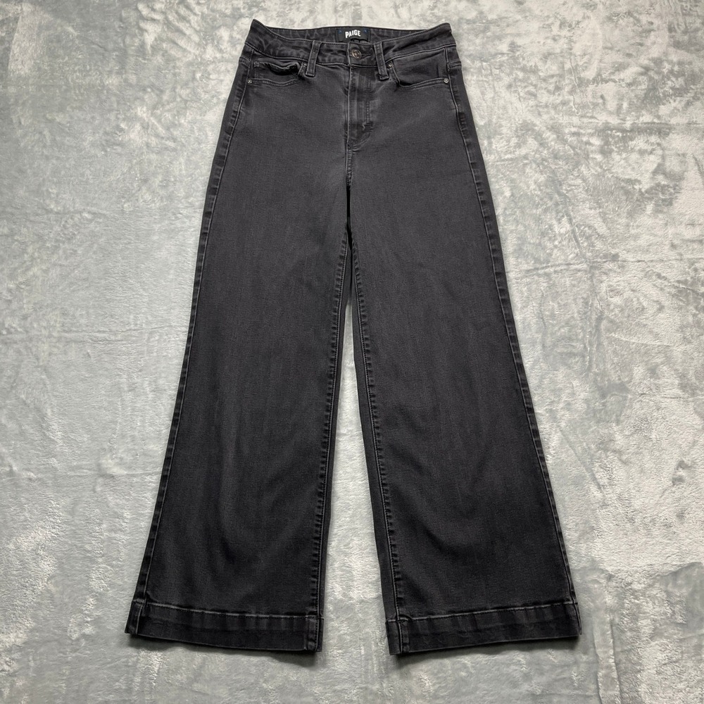 PAIGE Anessa Wide Leg Jeans Womens Black High Rise Cropped Size‎ 25